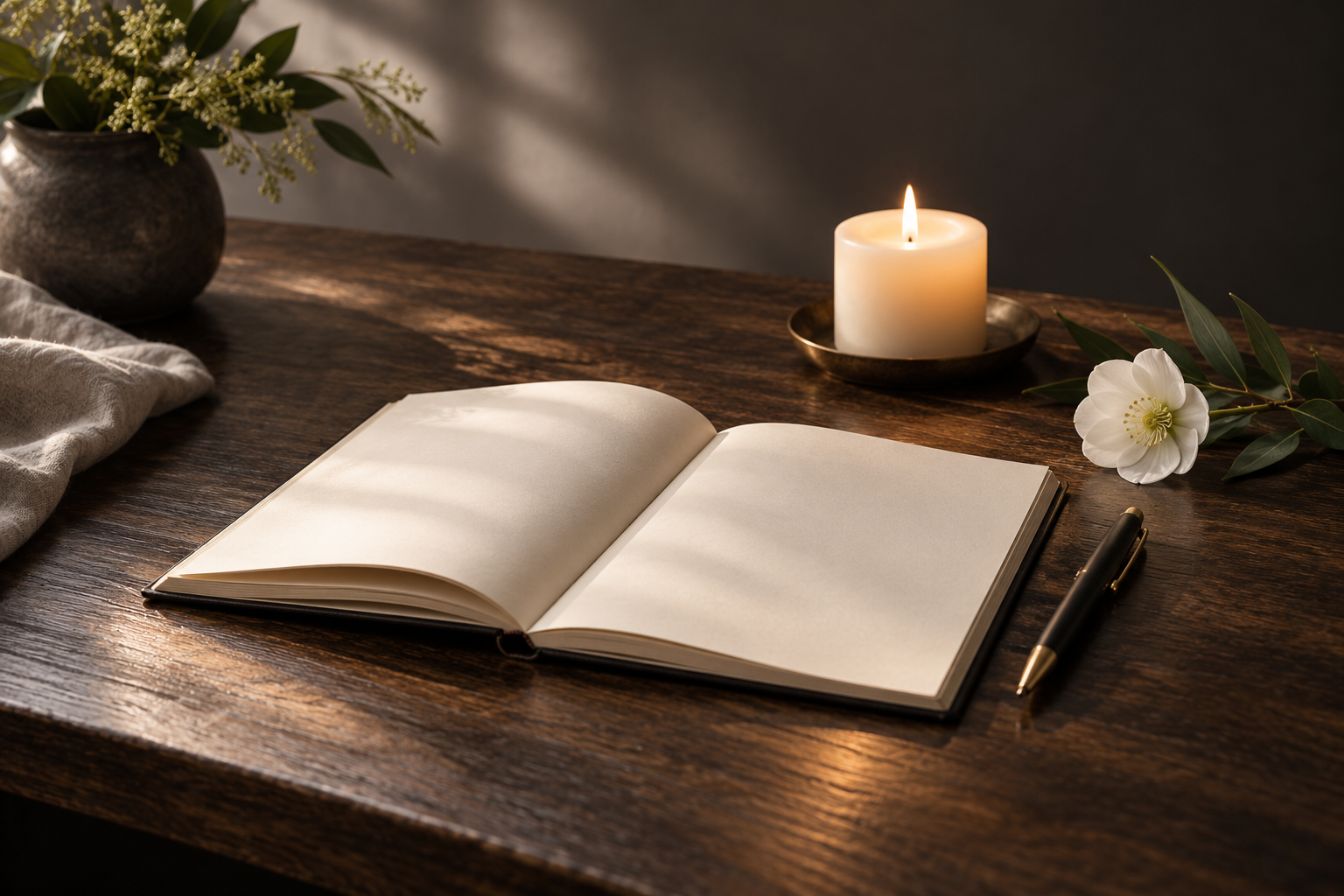 Offenes Notizbuch mit Stift, weißer Blüte und brennender Kerze auf einem Holztisch
